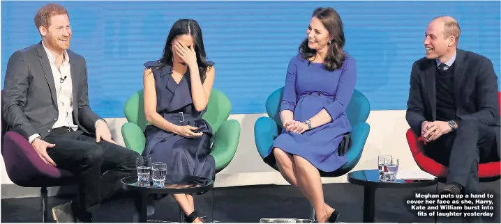  ??  ?? Meghan puts up a hand to cover her face as she, Harry, Kate and William burst into fits of laughter yesterday