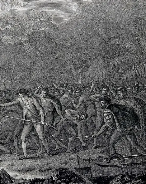  ??  ?? Cook’s death in Hawaii quickly became a subject for artists. This depiction, by John Webber, Francesco Bartolozzi and William Byrne in 1785, was bought by the Auckland Art Gallery Toi o Ta¯maki in 2008.