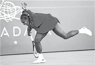  ??  ?? MISS. Serena Williams, of the United States, reacts after missing a shot from Johanna Konta, of Britain, during the Mubadala Silicon Valley Classic tennis tournament in San Jose, Calif., Tuesday, July 31, 2018. Konta won 6-1, 6-0. (AP Photo/Tony Avelar)