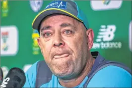  ??  ?? Tearful Darren Lehmann speaks to the press in Johannesbu­rg on Thursday.