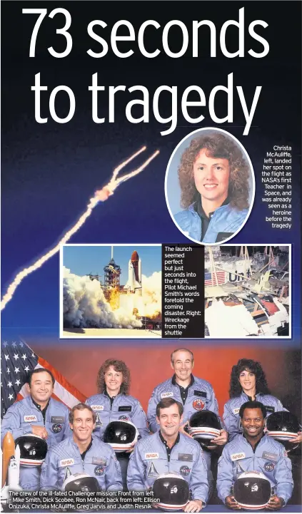  ??  ?? The launch seemed perfect but just seconds into the flight, Pilot Michael Smith’s words foretold the coming disaster. Right: Wreckage from the shuttle
Christa Mcauliffe, left, landed her spot on the flight as NASA’S first Teacher in Space, and was already seen as a heroine before the tragedy