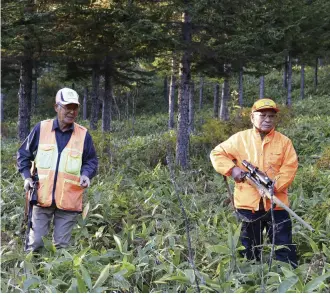  ?? The Yomiuri Shimbun ?? Isao Goto, left, and another hunter search for clues of Oso 18 in the mountains of Shibecha, Hokkaido, on Oct. 17.