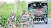  ?? PTI ?? ■ Army personnel conduct a search operation after suspected terrorist were seen near Hiranagar area of Jammu on Monday.