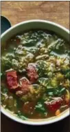  ?? MIA VIA AP ?? This November 2017 photo shows escarole and spinach soup in New York. To make the soup more substantia­l, you can add a can of rinsed and drained white beans, such as navy or cannellini.