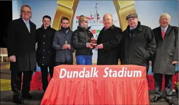  ??  ?? Pictured is the presentati­on after Mendelssoh­n’s victory, (l to r) Jim Martin (Dundalk), AIdan O’Brien, Ryan Moore, Ana O’Brien, Leo McCauley (Dundalk), Brian Kavanagh (HRI) and Ciaran Kennelly (Dundalk).