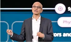  ?? — AFP photo ?? Nadella speaking at an event named Microsoft Build AI Day in Jakarta.