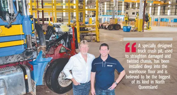  ??  ?? ROOM TO MOVE: Recar managing director Bob Jones and general manager Cameron Jones in their new workshop at 646 Ingham Road, Bohle.