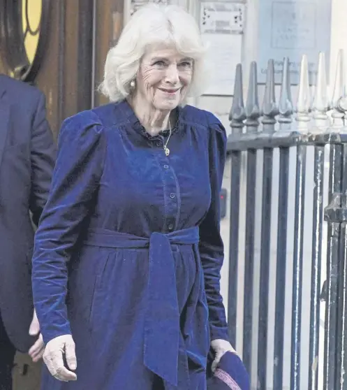  ?? ?? Queen Camilla leaves The London Clinic, in central London, yesterday where King Charles is being treated for an enlargedpr­ostate. Thequeen told people inside the hospital that the King was “doing well” after the procedure