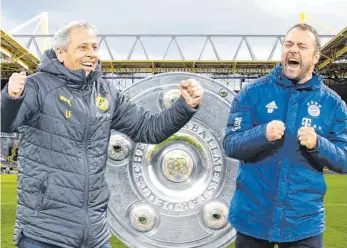  ??  ?? Das Duell der Teams von Lucien Favre (li.) und Hansi Flick könnte für eine Vorentsche­idung sorgen.