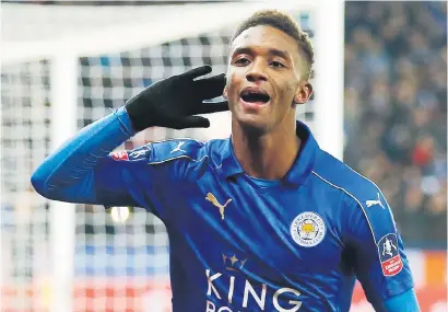  ?? Picture: Reuters ?? ON THEIR WAY. Leicester City’s Demarai Gray celebrates scoring the Foxes’ third goal in the extra-time win over Derby in an FA Cup fourth round replay at the King Power Stadium.