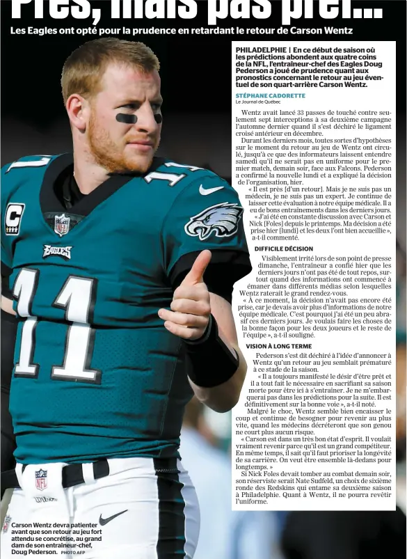  ?? PHOTO AFP ?? Carson Wentz devra patienter avant que son retour au jeu fort attendu se concrétise, au grand dam de son entraîneur-chef, Doug Pederson.