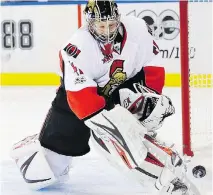  ?? FRANK FRANKLIN II/AP PHOTO ?? Senators goalie Craig Anderson stops a shot during Game 4 against the Rangers in New York on Thursday.