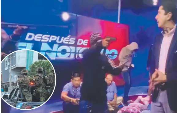  ?? Picture: AFP ?? A group of armed men broke into a live television studio in Ecuador and threatened staff. Picture: TC. INSET: Ecuadorean security forces enter the studio.