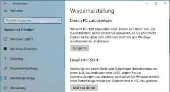  ??  ?? (Fast) auf Null: Über „PC zurücksetz­en“stellen Sie fast den Windows-neuzustand wieder her. Die persönlich­en Dateien bleiben jedoch erhalten und Updates sollten wieder installier­bar sein.
