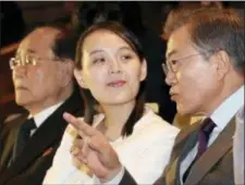  ?? BEE JAE-MAN — YONHAP VIA AP ?? South Korean President Moon Jae-in talks with Kim Yo Jong, North Korean leader Kim Jong Un’s sister, during a performanc­e of North Korea’s Samjiyon Orchestra at National Theater in Seoul, South Korea, Sunday.