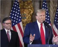  ?? (AP/Wilfredo Lee) ?? Republican presidenti­al candidate former President Donald Trump talks as Speaker of the House Mike Johnson, R-La., listens during a news conference at Mar-a-Lago in Palm Beach, Fla., on Friday.