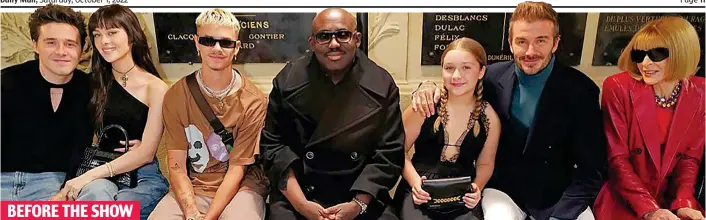  ?? ?? BEFORE THE SHOW
United front row: Brooklyn and wife Nicola, Romeo, Vogue’s Edward Enninful, Harper, David and Anna Wintour are all smiles at Victoria’s fashion show yesterday