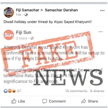  ??  ?? The fabricated article falsely claiming to be from the Fiji Sun was exposed as fake news.