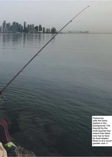  ?? AP ?? Fishermen with the Doha skyline in the background. The boycott by the Arab Quartet has meant that Qatar now has to have its food staples flown in at a much greater cost