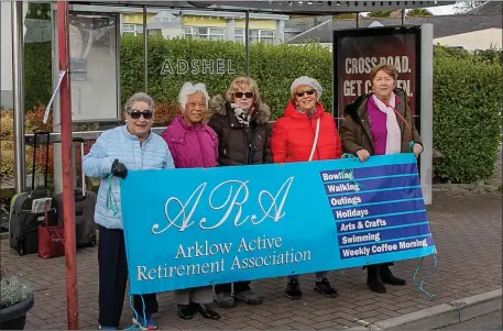  ??  ?? (L-R) Elinor Byrne, Arklow Active Retirement Chairperso­n, Lydia Kincaid, Ann Kinsella, Breda Christophe­r and Anne O’Connell at the Bus Eireann stop on the Wexford Road on the morning of Tuesday, October 30.