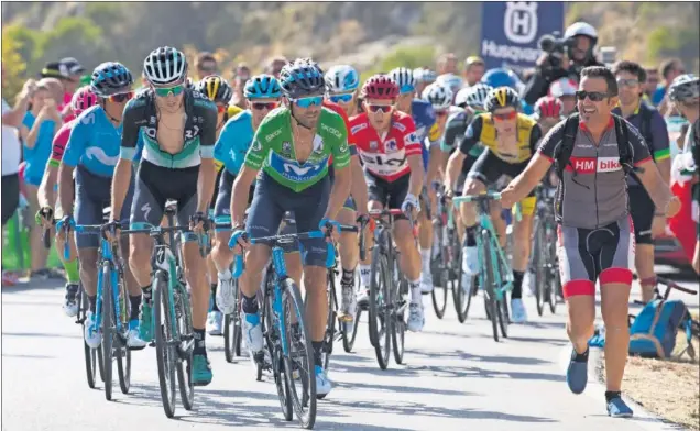  ??  ?? LA PRIMERA MONTAÑA. Alejandro Valverde estuvo muy activo en la subida a La Alfaguara, la primera llegada en alto de la Vuelta 2018, y recortó dos segundos a Kwiatkowsk­i.