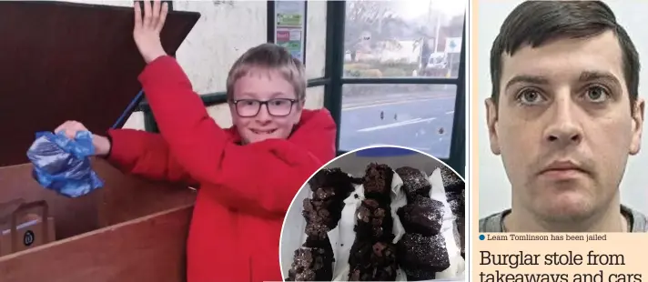  ??  ?? ●● Zach Clayton, 14, puts his home made chocolate brownies (inset) into one of the Rossedale food boxes