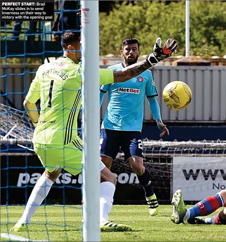  ??  ?? PERFECT START: Brad McKay slides in to send Inverness on their way to victory with the opening goal