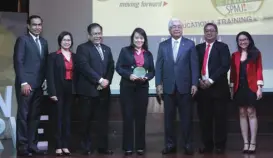  ??  ?? The Toyota Motors Philippine­s School of Technology (TMP Tech) in Sta. Rosa City, Laguna won the Platinum Award for Education. (From left) TMP FVP Rommel Gutierrez, TMP Corporate Public Relations supervisor Ruth Ison, TMP marketing head Vitaliano...