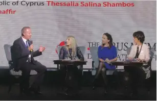  ?? (Marc Israel Sellem/The Jerusalem Post) ?? EDITOR-IN-CHIEF of the ‘Jerusalem Report’ Steve Linde interviews Cyprus Ambassador Thessalia Salina Shambos, MK Stav Shaffir and Canadian Ambassador Deborah Lyons at the Jerusalem Post Diplomatic Conference yesterday.