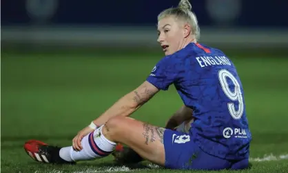  ??  ?? Chelsea’s Beth England on the turf in their FA Cup fifth-round match against Liverpool. Photograph: Dave Shopland/BPI/Shuttersto­ck