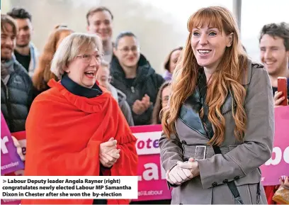  ?? Danny Lawson ?? > Labour Deputy leader Angela Rayner (right) congratula­tes newly elected Labour MP Samantha Dixon in Chester after she won the by-election