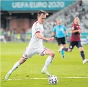  ?? AFP ?? Forward Mikkel Damsgaard of Denmark plays against the Czechs in the quarter-final.