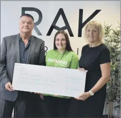  ??  ?? PRESENTATI­ON From left: Alvin Biggs, managing director of RAK Ceramics; Gemma Carden, Rowans Hospice corporate engagement lead and Heather Farnden, general manager