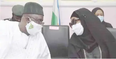  ??  ?? Yobe State Dep. Gov. Hon. Idi Barde Gubana (Left) and the Hon. Minister of Humanitari­an Affairs, Disaster Management and Social Developmen­t Hajiya Sadiya Umar Farouq during during the launching of the Federal Government Special Cash Grant for Rural Women in Damaturu