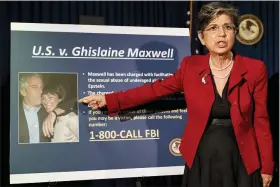  ?? JOHN MINCHILLO - THE ASSOCIATED PRESS ?? Audrey Strauss, Acting United States Attorney for the Southern District of New York, speaks during a news conference to announce charges against Ghislaine Maxwell for her alleged role in the sexual exploitati­on and abuse of multiple minor girls by Jeffrey Epstein, Thursday, July 2, in New York.