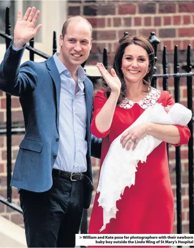  ??  ?? William and Kate pose for photograph­ers with their newborn baby boy outside the Lindo Wing of St Mary’s Hospital