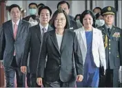  ?? Associated Press ?? TAIWANESE President Tsai Ing-wen, center, at an inaugurati­on ceremony in Taipei on Wednesday.