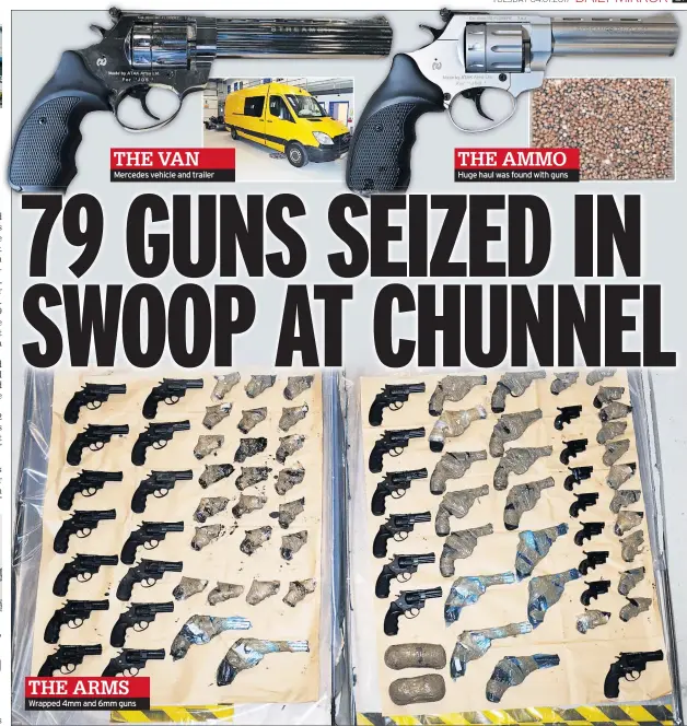  ??  ?? Mercedes vehicle and trailer Wrapped 4mm and 6mm guns Huge haul was found with guns