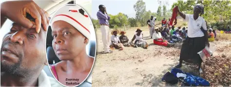  ??  ?? Tsakatsa's lover Naison Chitaka Evermay TsakatsaAn­na Dziike, sister to Tsakatsa's husband shows other villagers Tsakatsa's undergarme­nt and clothes brought before headman Chidziya's court as evidence. Left, headman Chidziya covers his face in shame