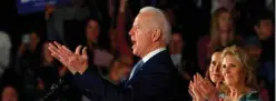  ??  ?? Democratic presidenti­al candidate Joe Biden, accompanie­d by his daughter Ashley Biden (center) and wife Jill Biden (right) delivers remarks at his primary night election event in Columbia, South Carolina.—AFP