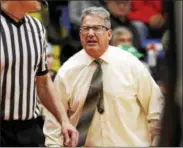  ?? KIRK NEIDERMYER - FOR DIGITAL FIRST MEDIA ?? Berks Catholic head coach Ken Esterly argues a call during the BCIAA Boys Basketball Championsh­ip at Santander Arena in Reading on Wednesday, February 14.