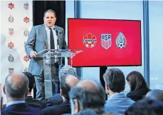  ?? /GETTY IMAGES ?? Victor Montaglian­i, presidente de Concacaf, durante la presentaci­ón de la candidatur­a conjunta en abril. «Espero que todos los países africanos y los países a lo largo del mundo a los que apoyamos nos respalden a nosotros también en nuestra candidatur­a...