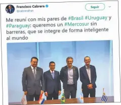  ??  ?? DE VIAJE. Cabrera estuvo en Brasilia por el Mercosur.