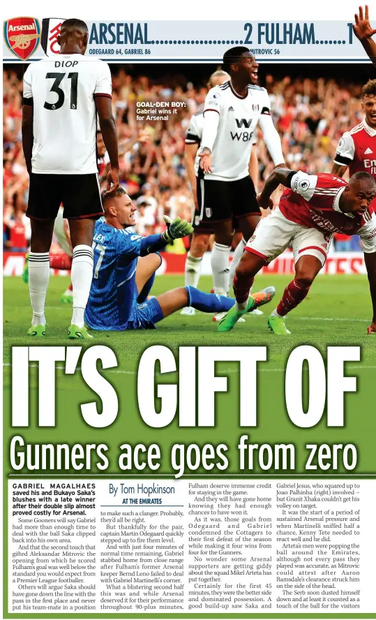  ?? ?? GOAL-DEN BOY: Gabriel wins it for Arsenal