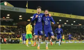  ?? Norwich. Photograph: Stephen Pond/Getty Images ?? Chelsea’s Kai Havertz (left) celebrates with Mason Mount after his goal seals victory at