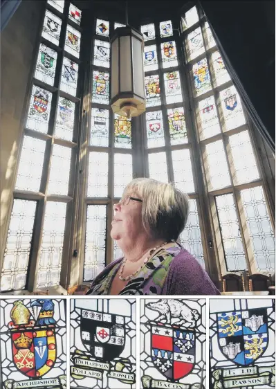  ?? PICTURES: SIMON HULME ?? LIGHT FANTASTIC: Top and left, Janet Senior pictured by the stained glass windows in the Banqueting suite at City Hall, Bradford; above, a selection of some of the buuilding’s colourful stained glass windows.