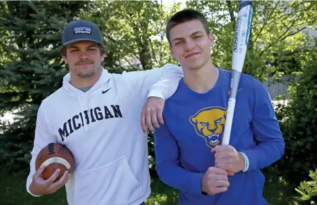  ?? MATT sTonE / hErAld sTAff ?? ‘VERY EXCITED’: Noble & Greenough’s Jackson Phinney, right, is bound for the University of Pittsburgh to play baseball, while his younger brother, Casey, left, has already verbally committed to the University of Michigan for football. Jackson is seen with the ball below left, while Casey is getting tackled below right.