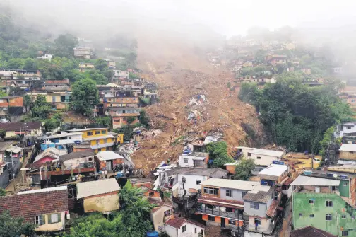  ?? ?? An aerial view shows the aftermath of a mudslide in Petropolis, a city north of Rio de Janeiro, Brazil, Feb. 16, 2022. (AFP Photo)