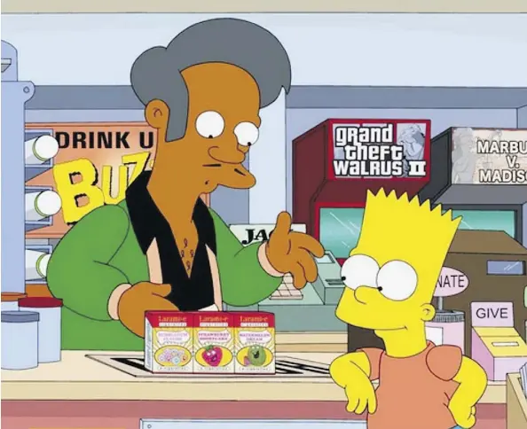  ?? FOX ?? The Simpsons’ Apu, seen with Bart Simpson, has come under fire for playing into racist stereotype­s.