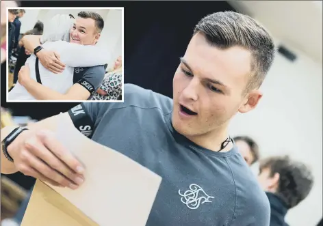  ?? Picture: Duncan Shepherd ?? EXAM JOY Tom Ritchie opens his results, and inset, a hug from mum. Right, Tom during treatment